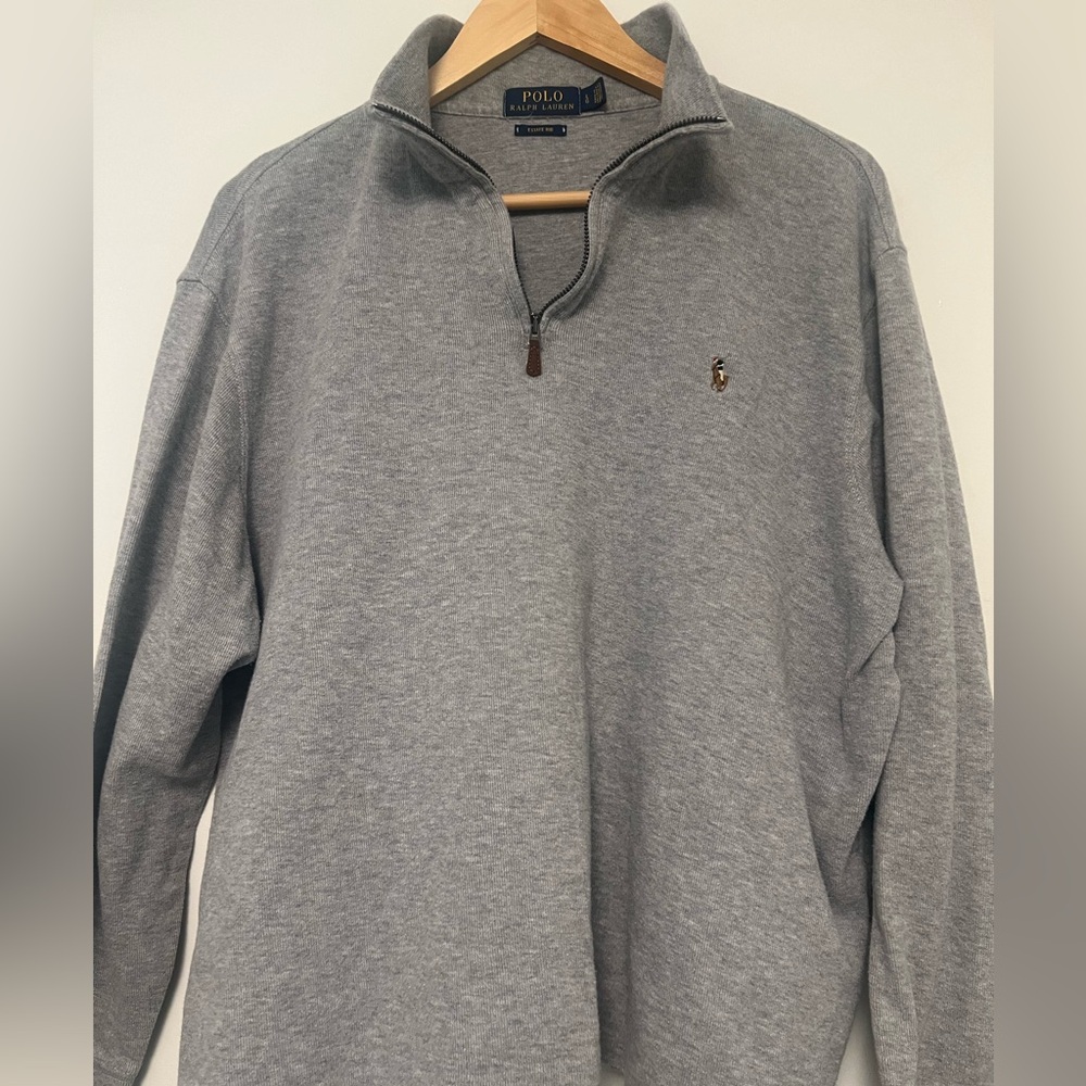 Heather gray, men’s large Polo quarter zip.